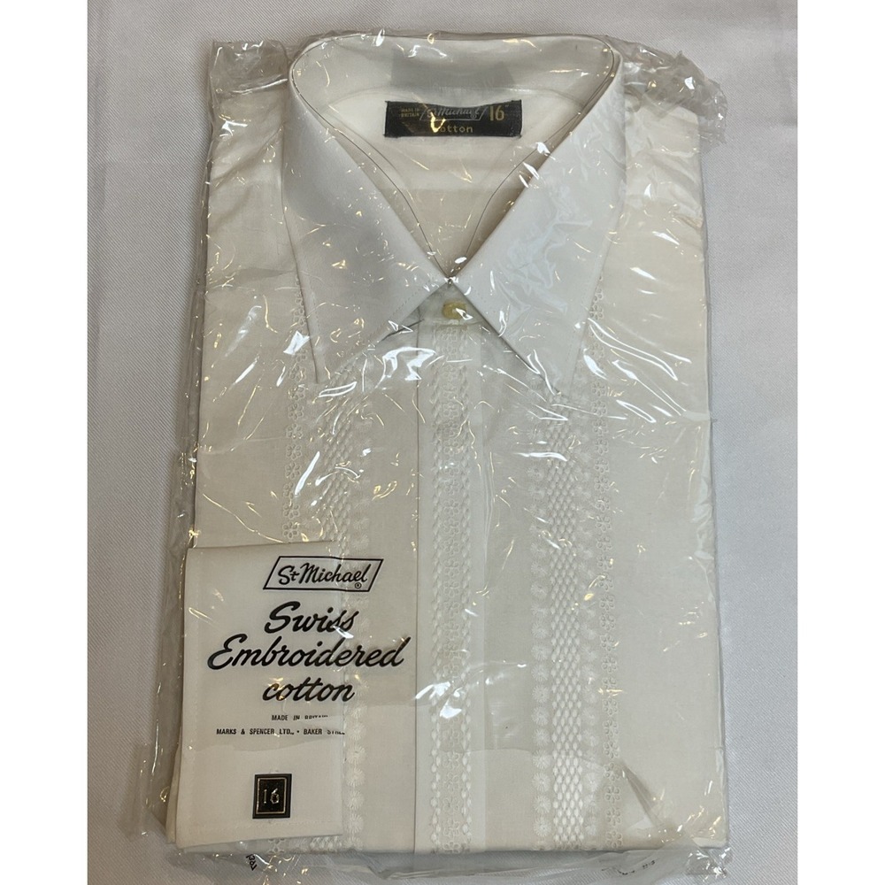 St Michael Swiss Embroidered Cotton Dress Shirt French Cuffs White Mens 16 Brit